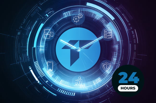 Futuristische Uhr mit Teavaro-Logo und digitalen Symbolen, symbolisiert 24-Stunden-Identitätsgraph-Aktivierung.