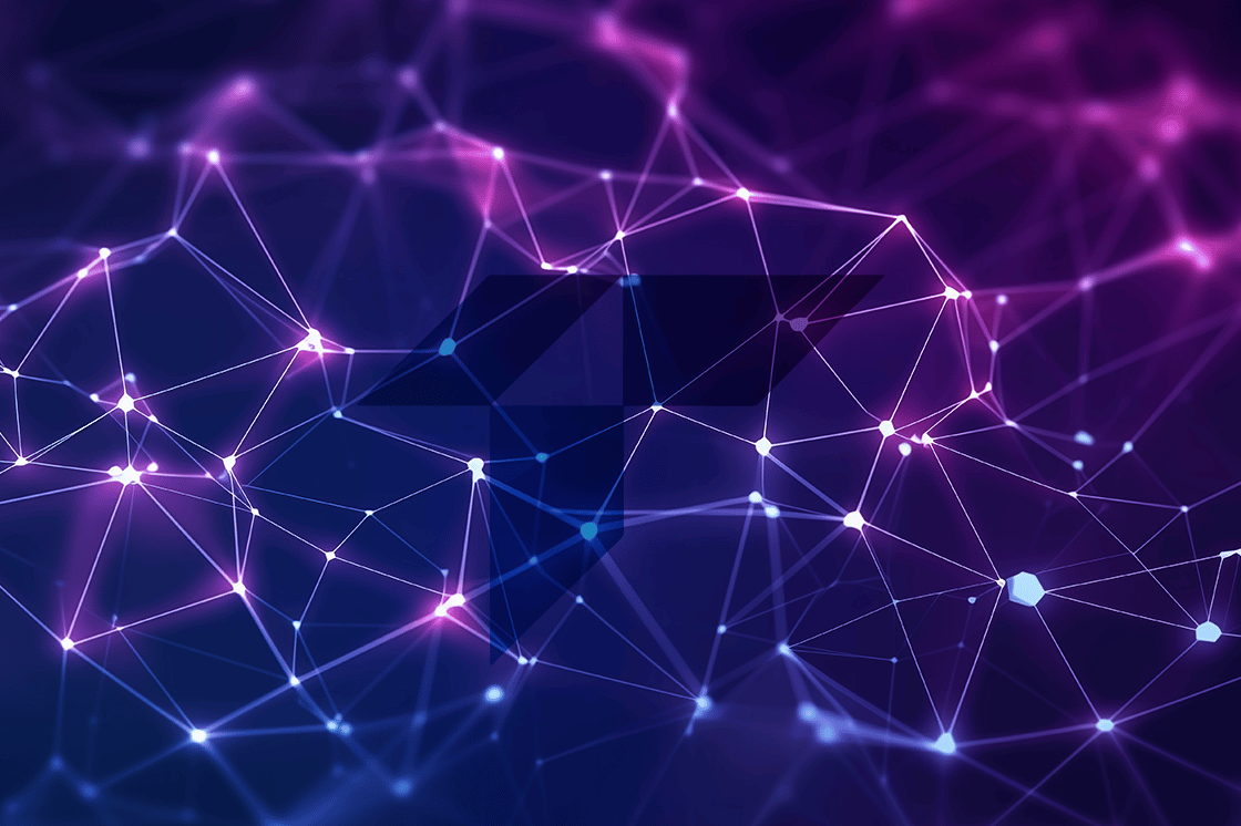 Abstraktes Netzwerk aus leuchtenden Knoten und Linien in Blau und Violett, das einen digitalen Identitätsgraphen darstellt.