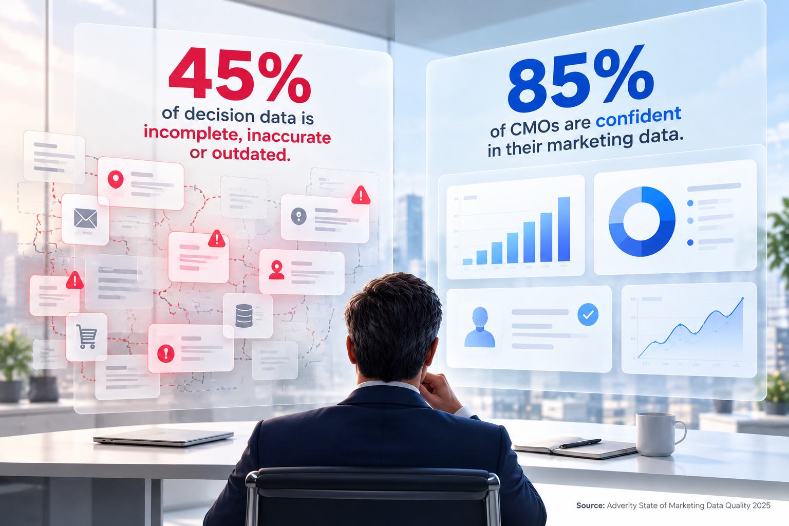 Infographic showing that 45% of marketing decision data is incomplete, inaccurate or outdated, while 85% of CMOs remain confident in their data quality.