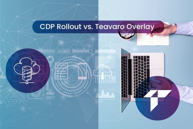 Gráfico que compara el despliegue de CDP con la superposición de Teavaro, mostrando iconos de datos en la nube, portátil y logotipo de Teavaro.